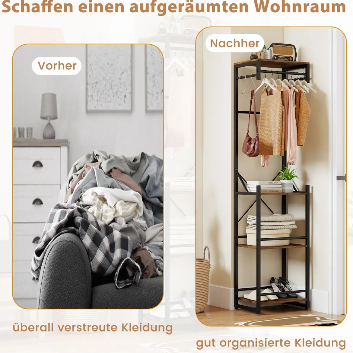 Freistehender Garderobenständer schlanker Hallbaum mit 4 Ablageflächen 6 Haken & 3 Kleiderstangen Braun
