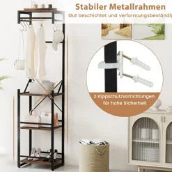 Freistehender Garderobenständer schlanker Hallbaum mit 4 Ablageflächen 6 Haken & 3 Kleiderstangen Braun