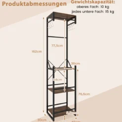 Freistehender Garderobenständer schlanker Hallbaum mit 4 Ablageflächen 6 Haken & 3 Kleiderstangen Braun