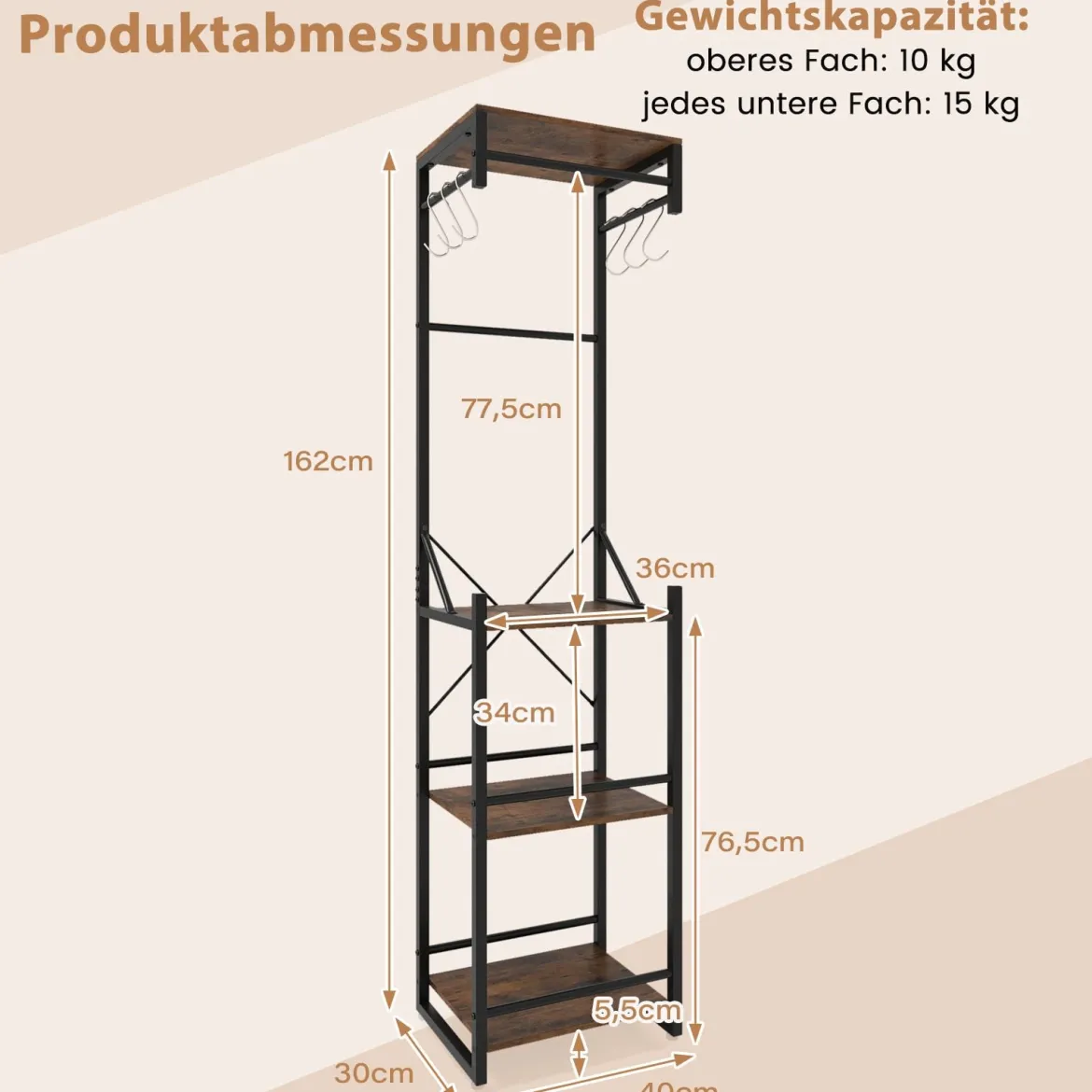 Freistehender Garderobenständer schlanker Hallbaum mit 4 Ablageflächen 6 Haken & 3 Kleiderstangen Braun