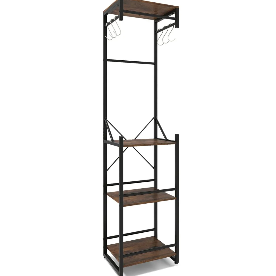 Freistehender Garderobenständer schlanker Hallbaum mit 4 Ablageflächen 6 Haken & 3 Kleiderstangen Braun