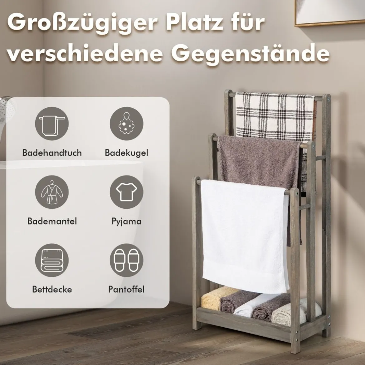 Freistehender Handtuchhalter aus Holz mit 3 Handtuchstangen & Unterer Ablage & Kippschutz