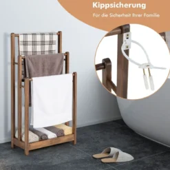 Freistehender Handtuchhalter aus Holz mit 3 Handtuchstangen & Unterer Ablage & Kippschutz