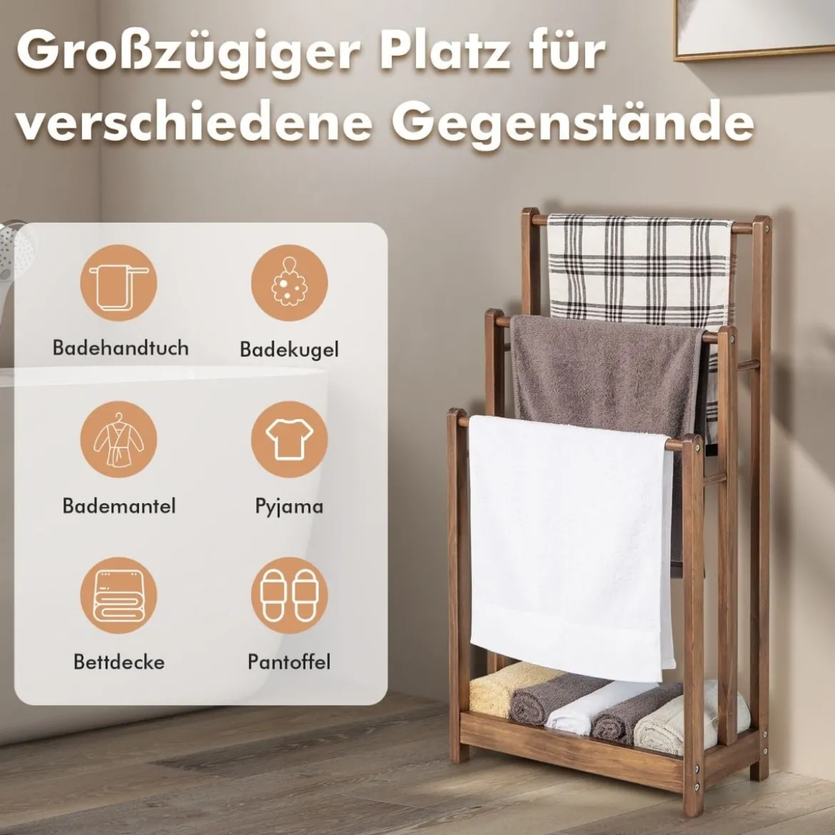 Freistehender Handtuchhalter aus Holz mit 3 Handtuchstangen & Unterer Ablage & Kippschutz