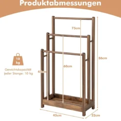 Freistehender Handtuchhalter aus Holz mit 3 Handtuchstangen & Unterer Ablage & Kippschutz