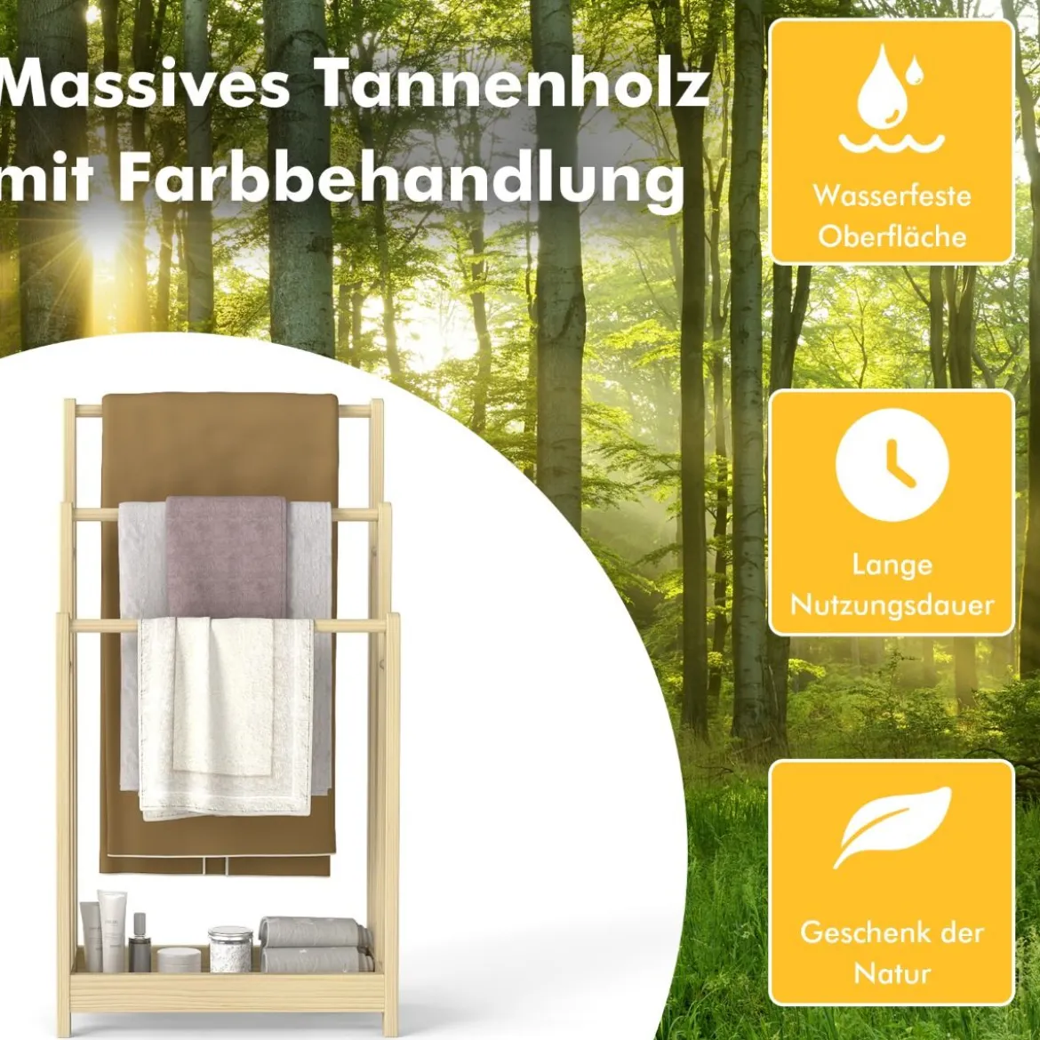 Freistehender Handtuchhalter aus Holz mit 3 Handtuchstangen & Unterer Ablage & Kippschutz