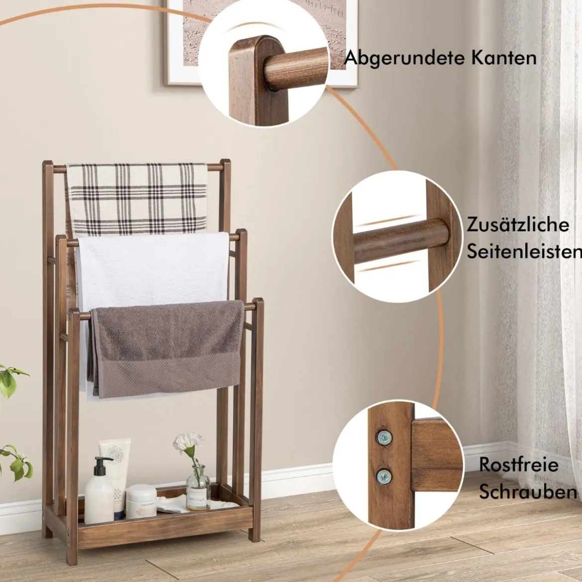Freistehender Handtuchhalter aus Holz mit 3 Handtuchstangen & Unterer Ablage & Kippschutz