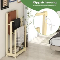 Freistehender Handtuchhalter aus Holz mit 3 Handtuchstangen & Unterer Ablage & Kippschutz