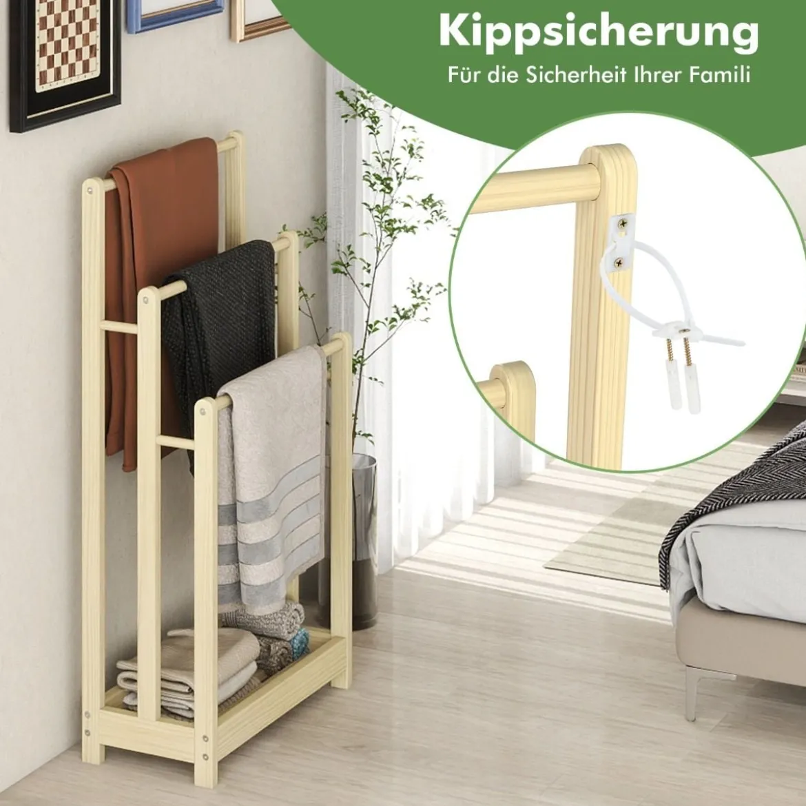 Freistehender Handtuchhalter aus Holz mit 3 Handtuchstangen & Unterer Ablage & Kippschutz