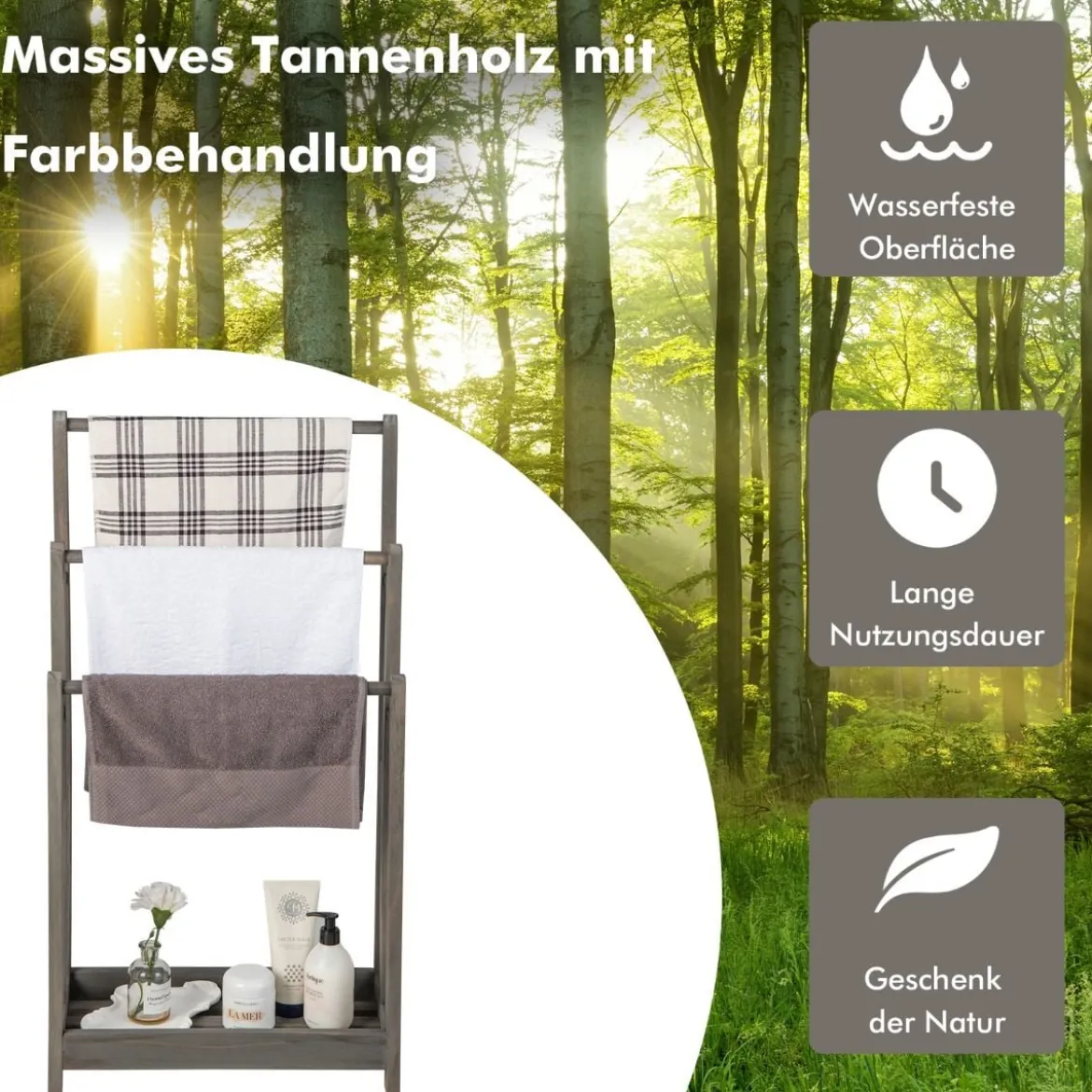 Freistehender Handtuchhalter aus Holz mit 3 Handtuchstangen & Unterer Ablage & Kippschutz