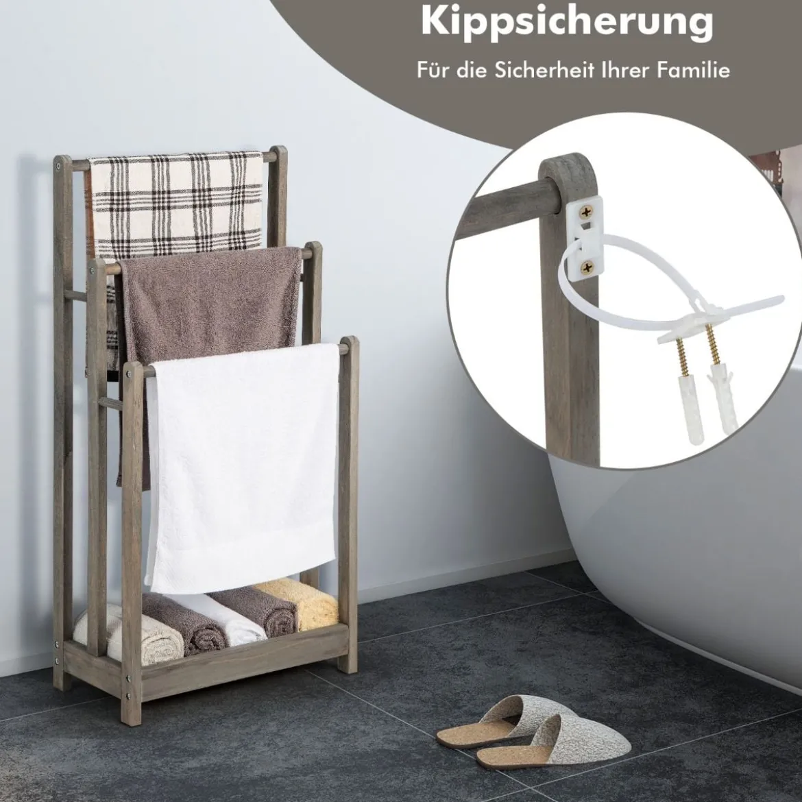 Freistehender Handtuchhalter aus Holz mit 3 Handtuchstangen & Unterer Ablage & Kippschutz