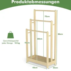 Freistehender Handtuchhalter aus Holz mit 3 Handtuchstangen & Unterer Ablage & Kippschutz