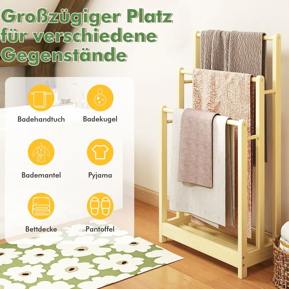 Freistehender Handtuchhalter aus Holz mit 3 Handtuchstangen & Unterer Ablage & Kippschutz