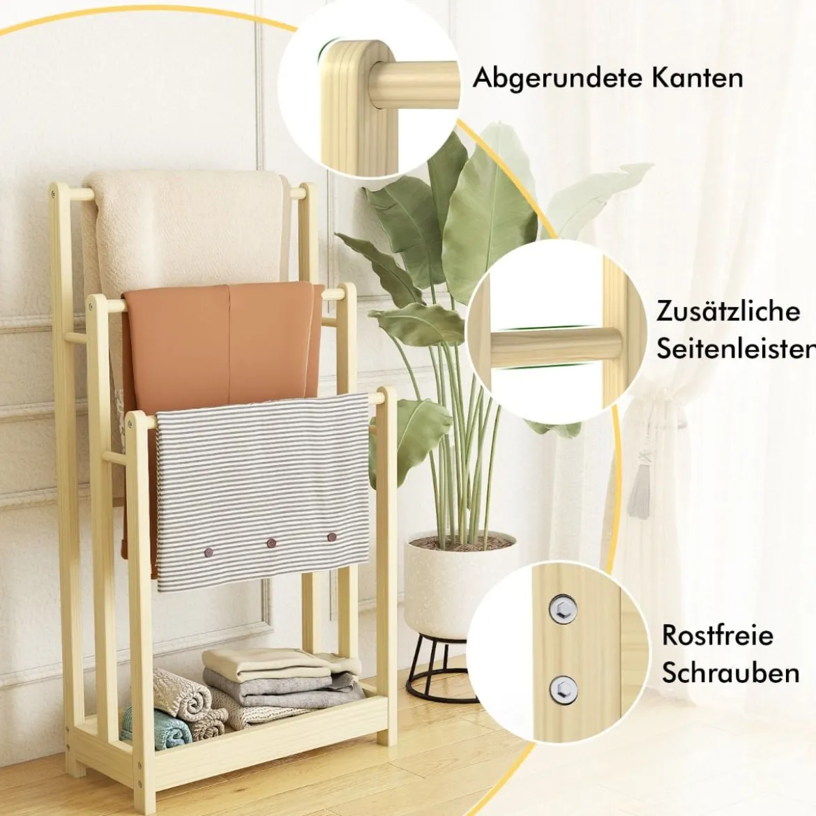 Freistehender Handtuchhalter aus Holz mit 3 Handtuchstangen & Unterer Ablage & Kippschutz