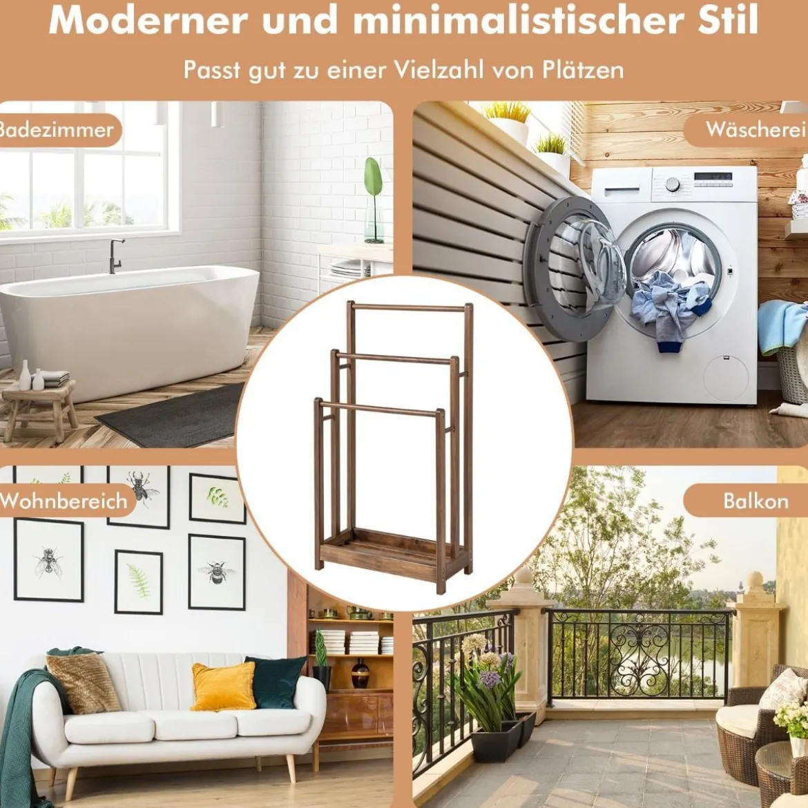 Freistehender Handtuchhalter aus Holz mit 3 Handtuchstangen & Unterer Ablage & Kippschutz