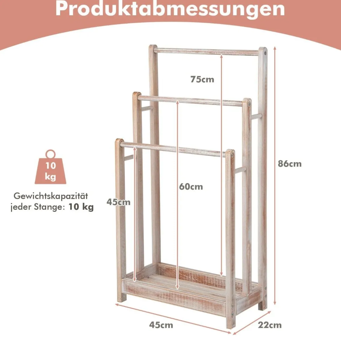 Freistehender Handtuchhalter aus Holz mit 3 Handtuchstangen & Unterer Ablage & Kippschutz