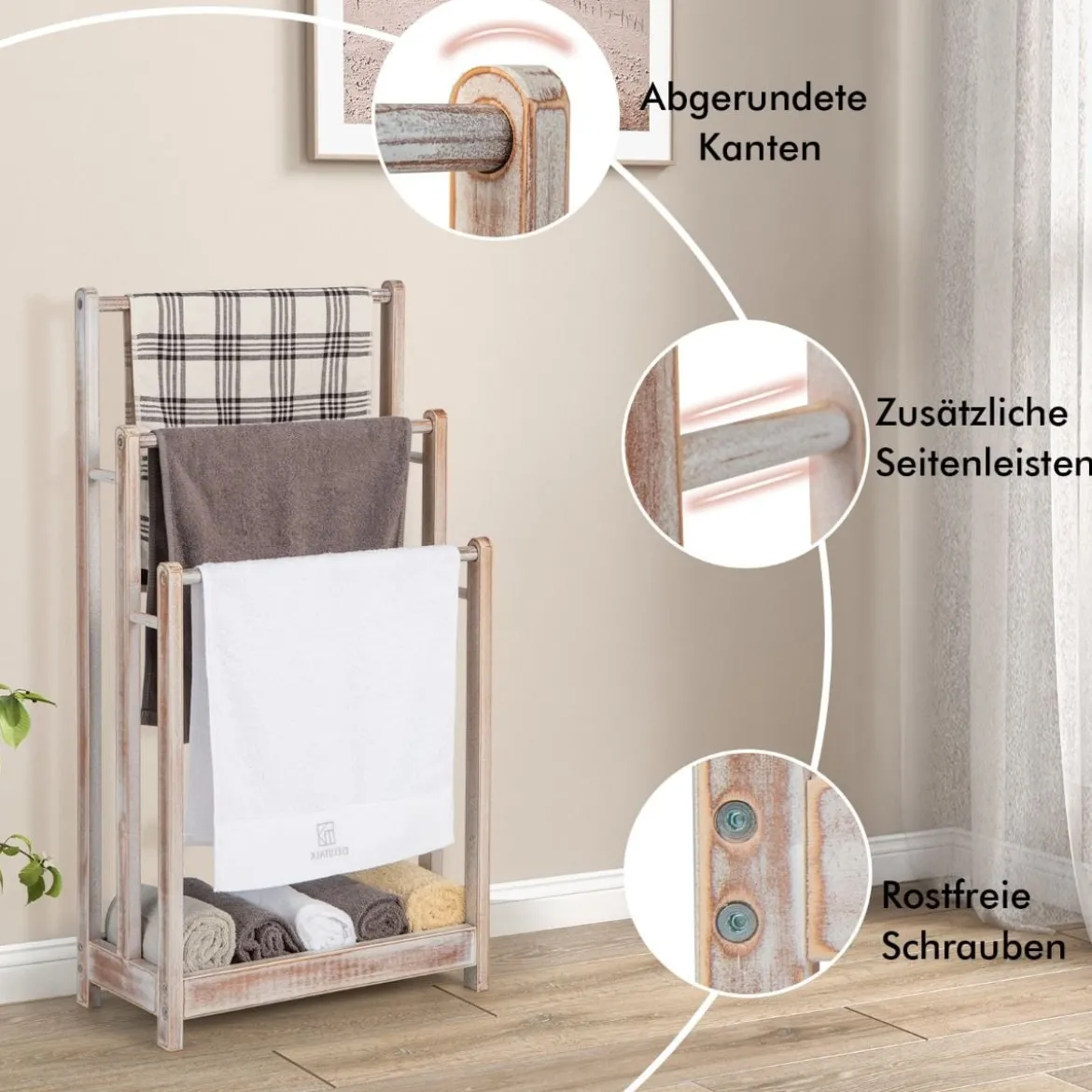 Freistehender Handtuchhalter aus Holz mit 3 Handtuchstangen & Unterer Ablage & Kippschutz