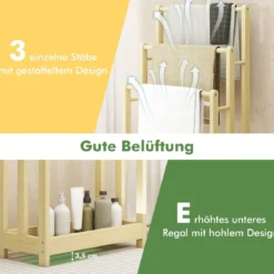 Freistehender Handtuchhalter aus Holz mit 3 Handtuchstangen & Unterer Ablage & Kippschutz