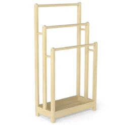 Freistehender Handtuchhalter aus Holz mit 3 Handtuchstangen & Unterer Ablage & Kippschutz