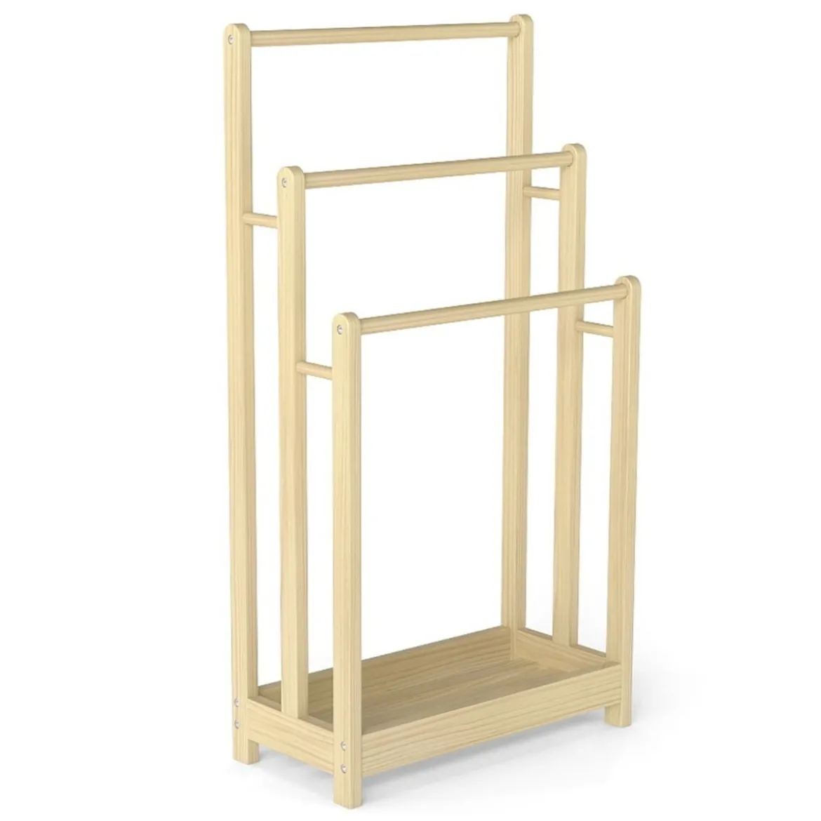 Freistehender Handtuchhalter aus Holz mit 3 Handtuchstangen & Unterer Ablage & Kippschutz