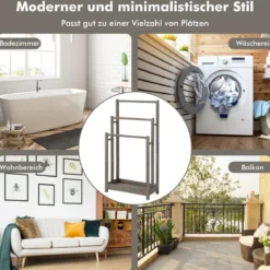 Freistehender Handtuchhalter aus Holz mit 3 Handtuchstangen & Unterer Ablage & Kippschutz