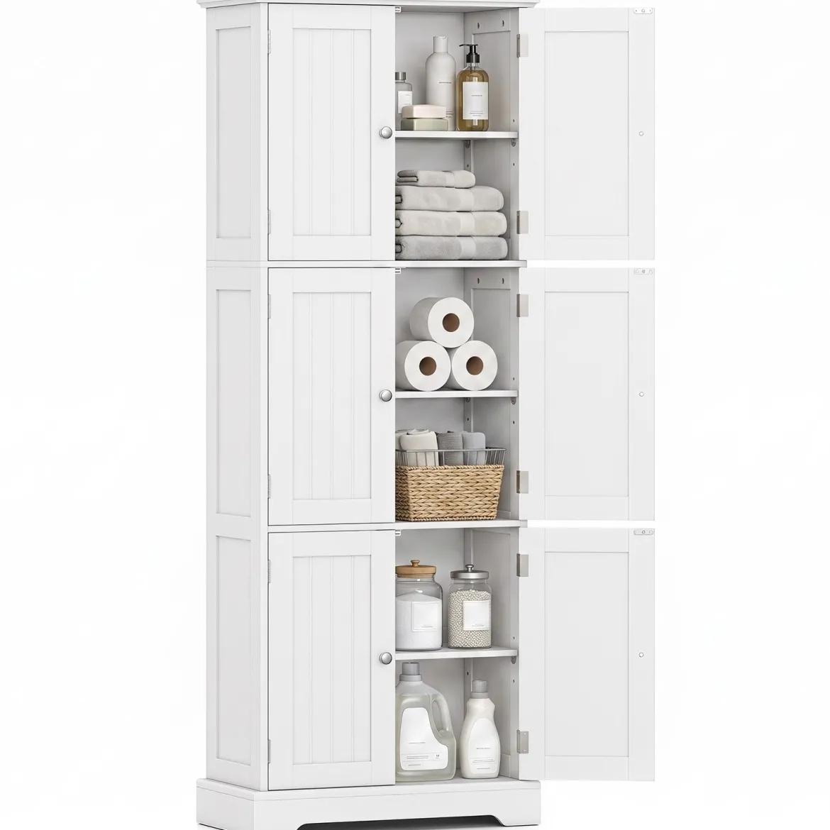 Freistehender Hochschrank mit 6 Türen & 3 Geschlossenen Schränken 60 x 30 x 160 cm Weiß