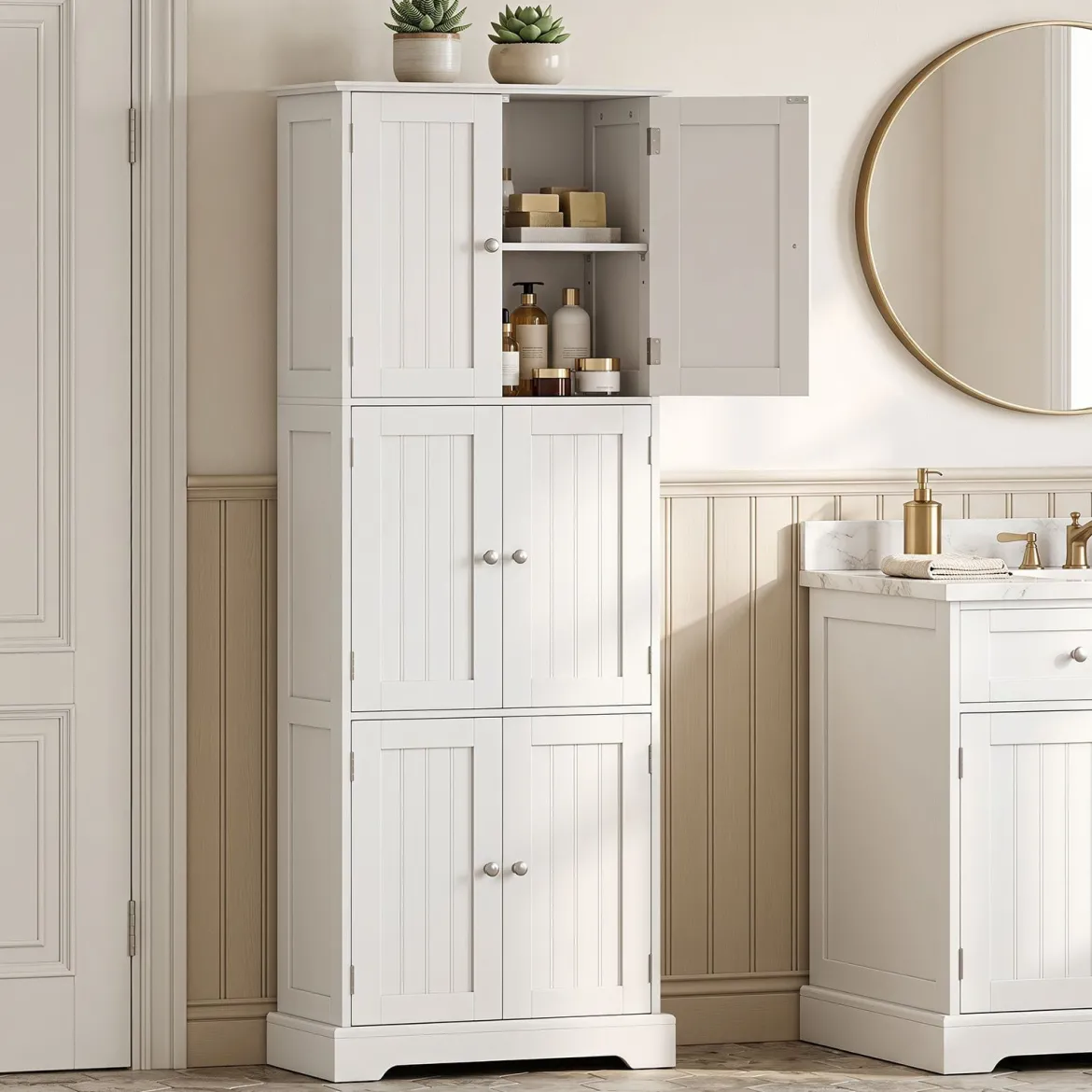 Freistehender Hochschrank mit 6 Türen & 3 Geschlossenen Schränken 60 x 30 x 160 cm Weiß