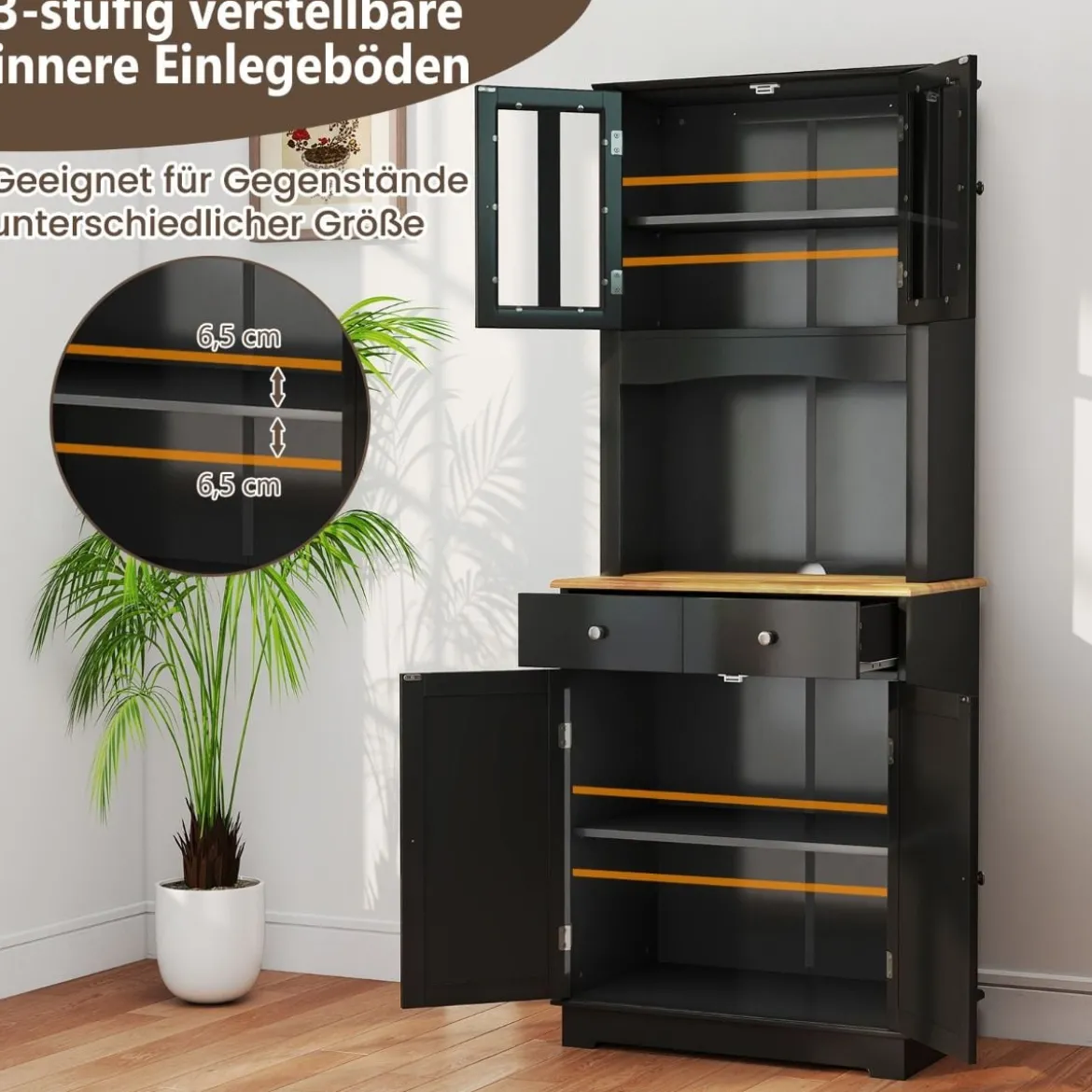 Freistehender Holzschrank mit 2 Schubladen & Verstellbaren Regalen Bodenschrank Schwarz