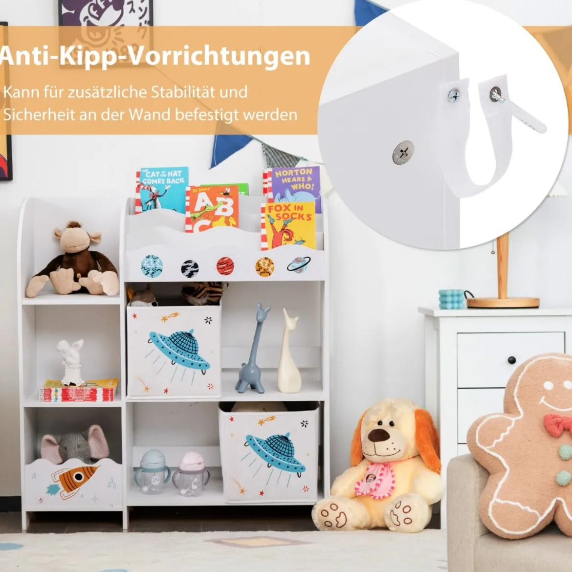 Freistehender Kinderzimmerschrank 3-stöckiger Kinderzimmerregal UFO Weiß