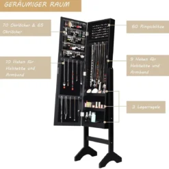 Freistehender Schmuckschrank mit Ganzkörperspiegel Schmuckregal35,5 × 33 × 153 cm Schwarz