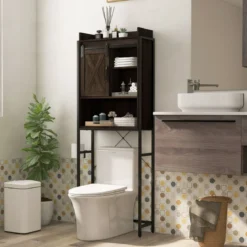Freistehender Toilettenschrank Badezimmerregal mit verstellbaren Regalen Rustikales Braun