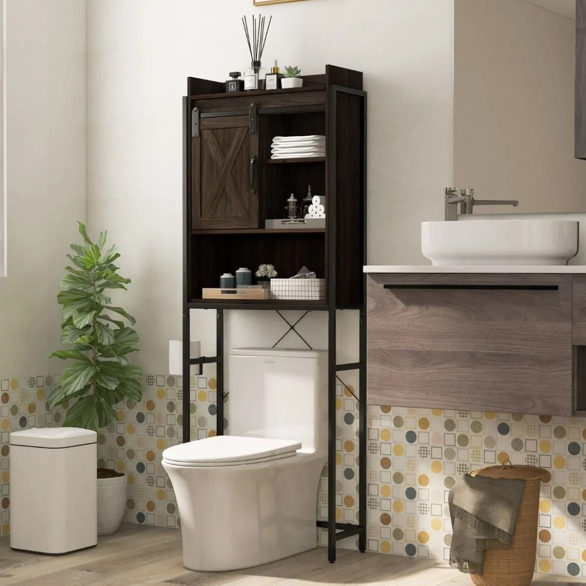 Freistehender Toilettenschrank Badezimmerregal mit verstellbaren Regalen Rustikales Braun