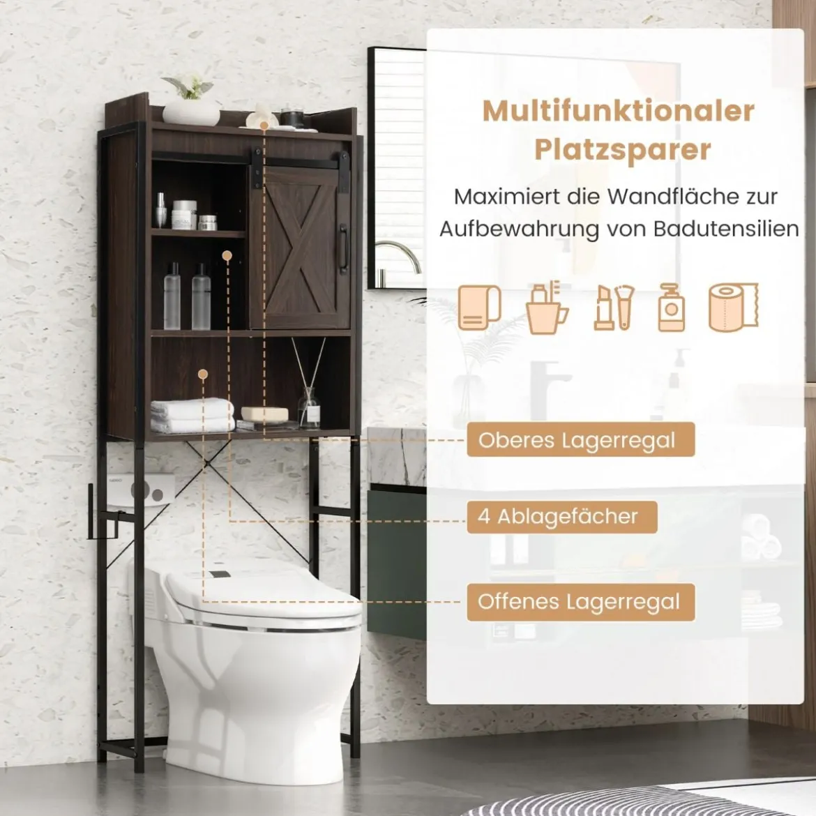 Freistehender Toilettenschrank Badezimmerregal mit verstellbaren Regalen Rustikales Braun
