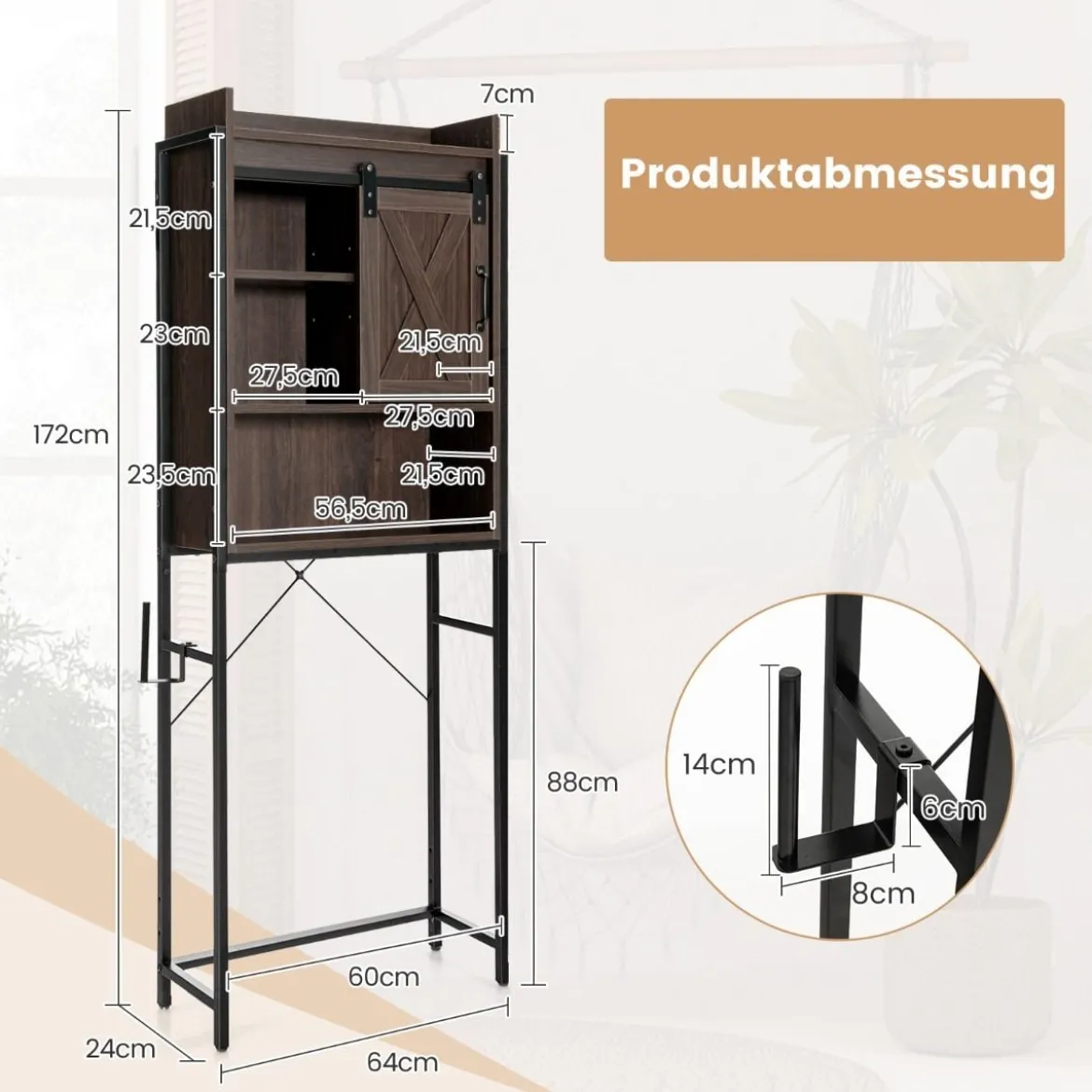 Freistehender Toilettenschrank Badezimmerregal mit verstellbaren Regalen Rustikales Braun
