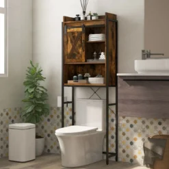Freistehender Toilettenschrank Badezimmerregal mit verstellbaren Regalen Kaffee