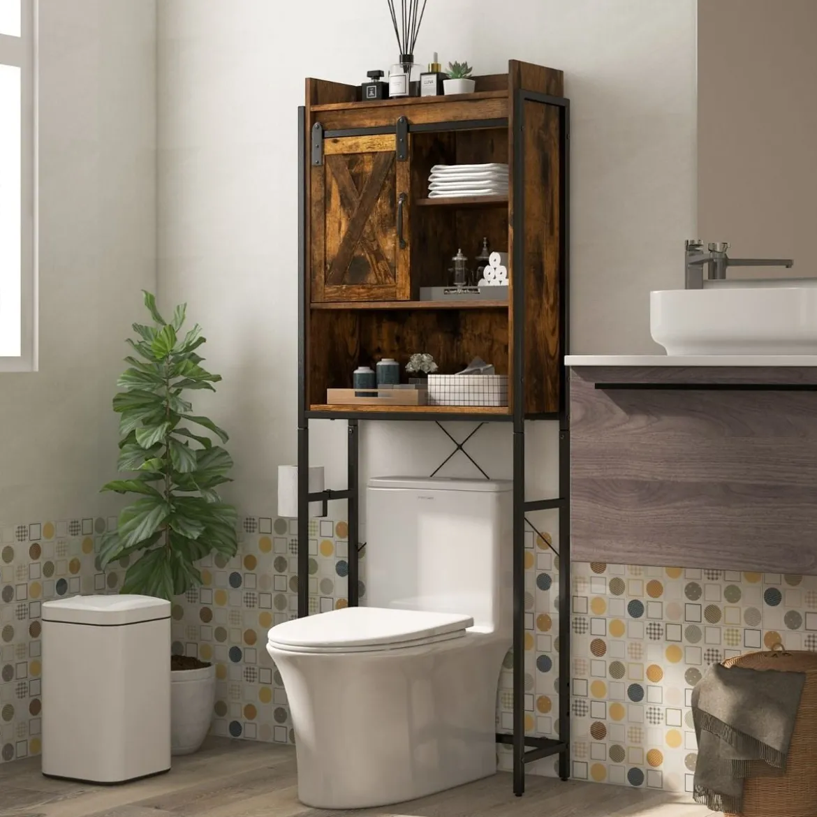 Freistehender Toilettenschrank Badezimmerregal mit verstellbaren Regalen Kaffee