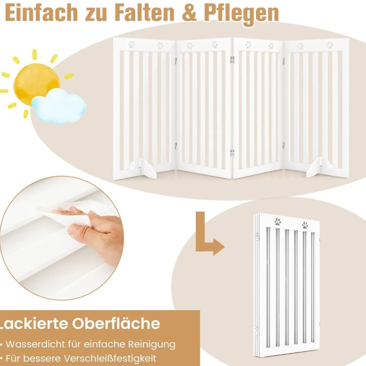 Freistehendes Holztor für Haustiere klappbares 4-teiliges Hundetor mit flexiblen Scharnieren Weiß