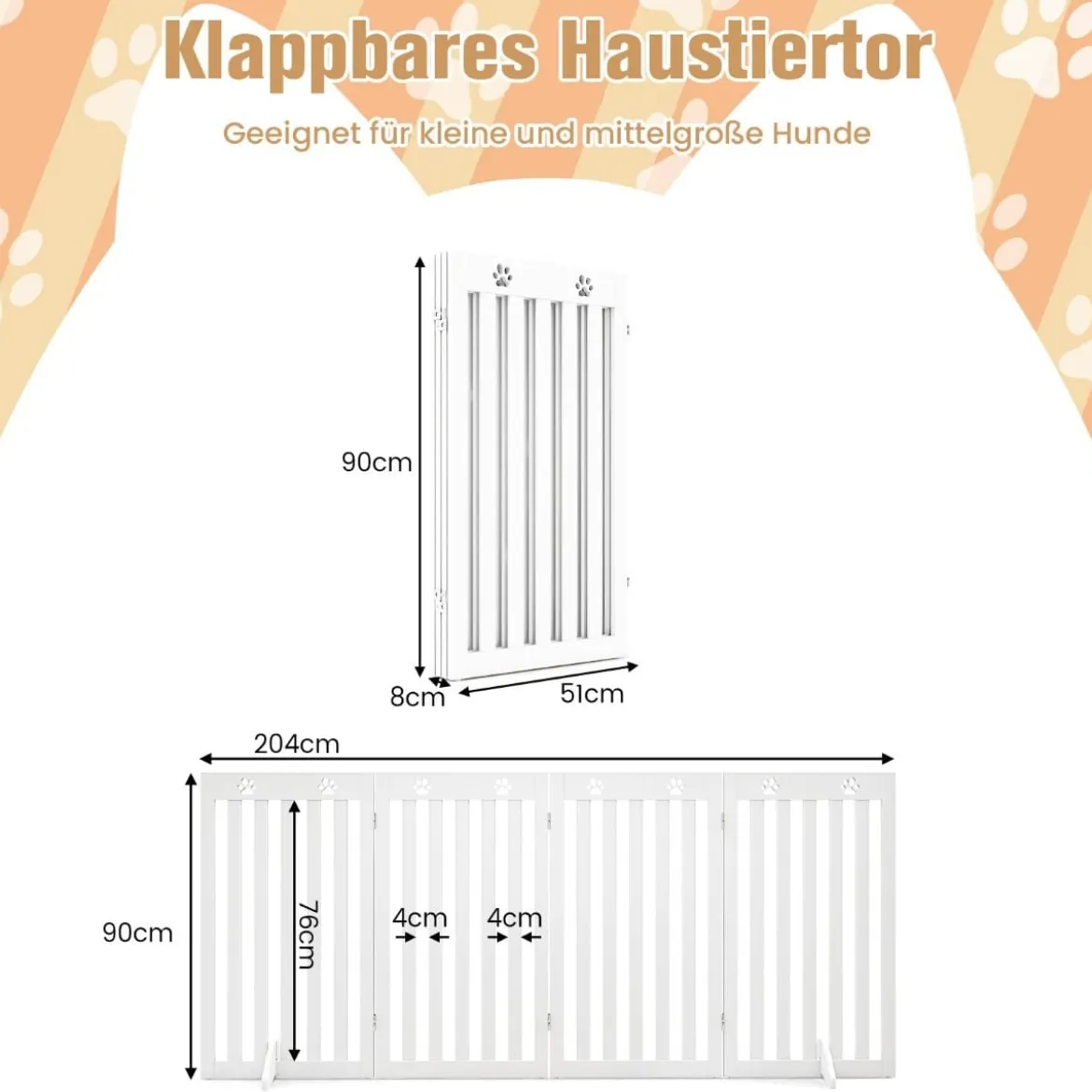 Freistehendes Holztor für Haustiere klappbares 4-teiliges Hundetor mit flexiblen Scharnieren Weiß
