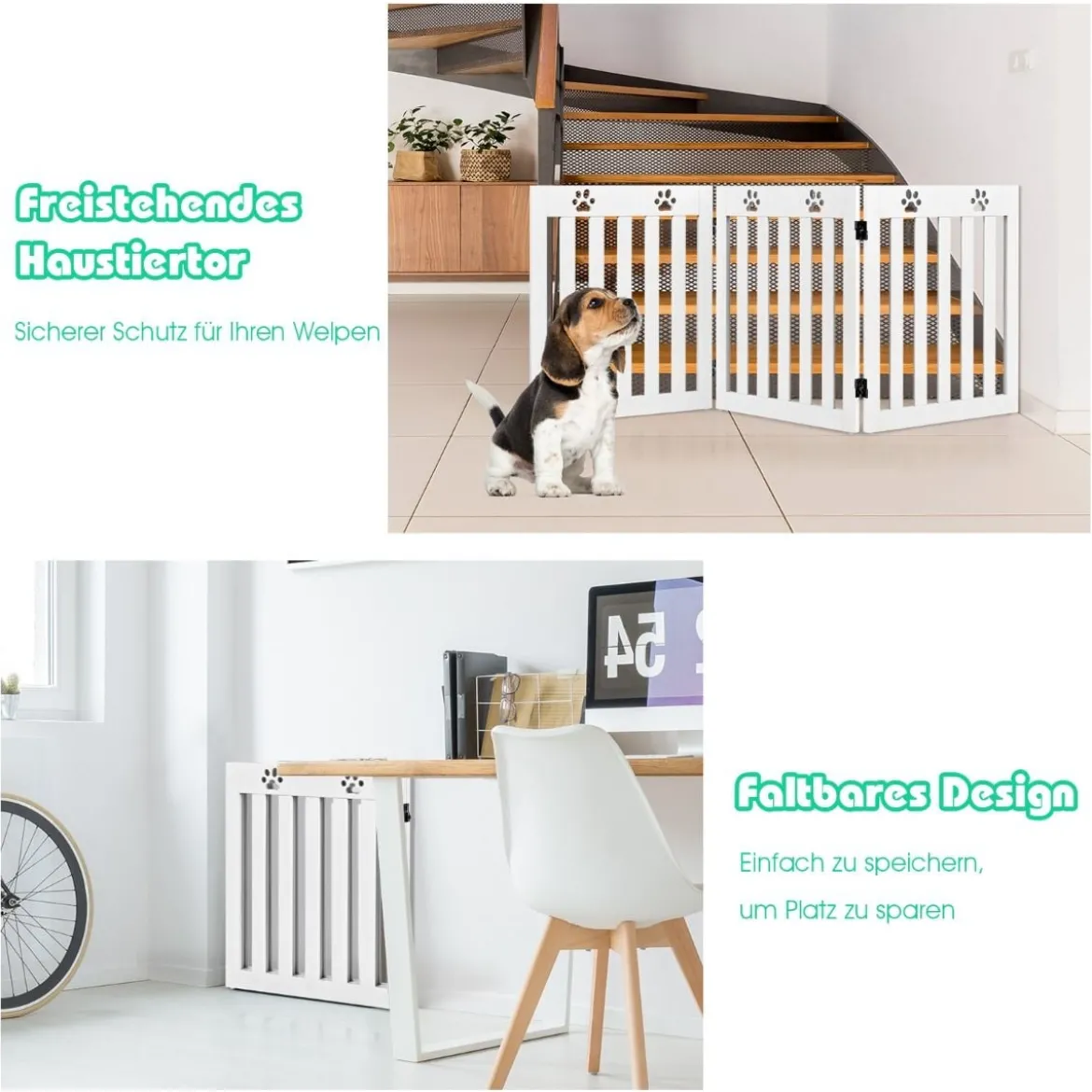 Freistehendes Holztor für Haustiere Klappbares Hundetor 3 Paneelen 151,5 x 60 x 1,5 cm Weiß