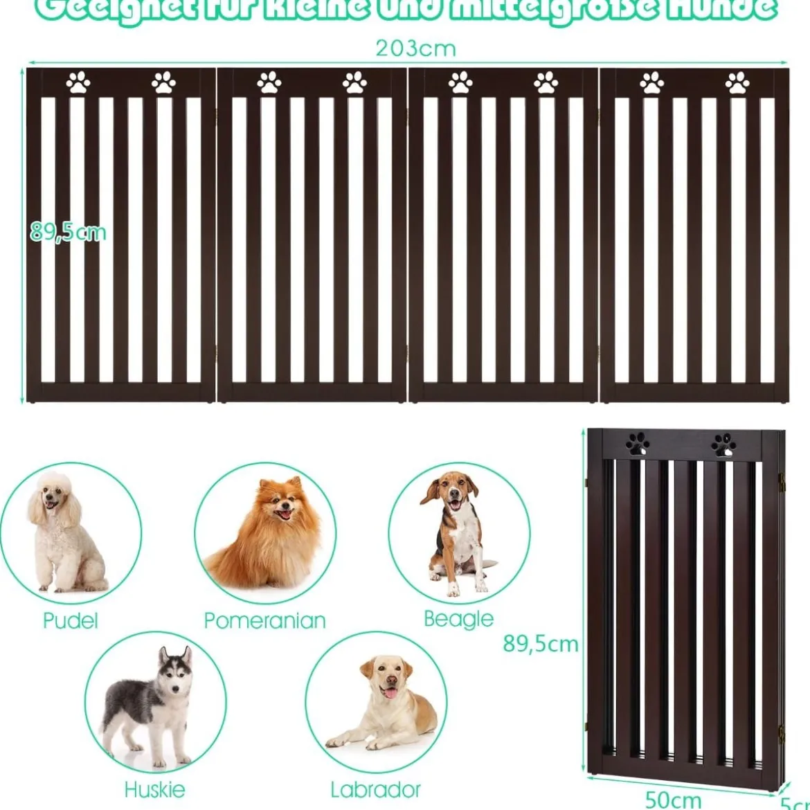 Freistehendes Holztor für Haustiere klappbares 3-teiliges Hundetor mit flexiblen Scharnieren Braun
