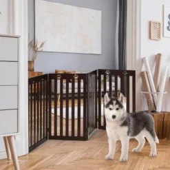 Freistehendes Holztor für Haustiere klappbares 3-teiliges Hundetor mit flexiblen Scharnieren Braun