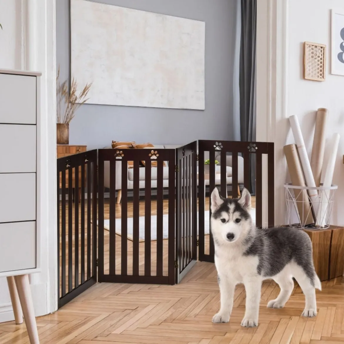 Freistehendes Holztor für Haustiere klappbares 3-teiliges Hundetor mit flexiblen Scharnieren Braun