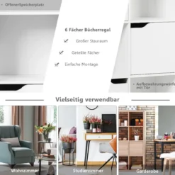 Freistehendes Regal mit Türen aus Holz Bücherregal mit 3 Offenen & 3 Geschlossenen Fächern
