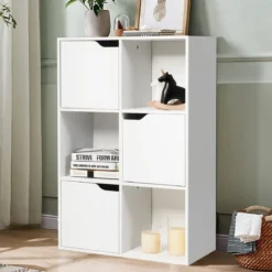 Freistehendes Regal mit Türen aus Holz Bücherregal mit 3 Offenen & 3 Geschlossenen Fächern