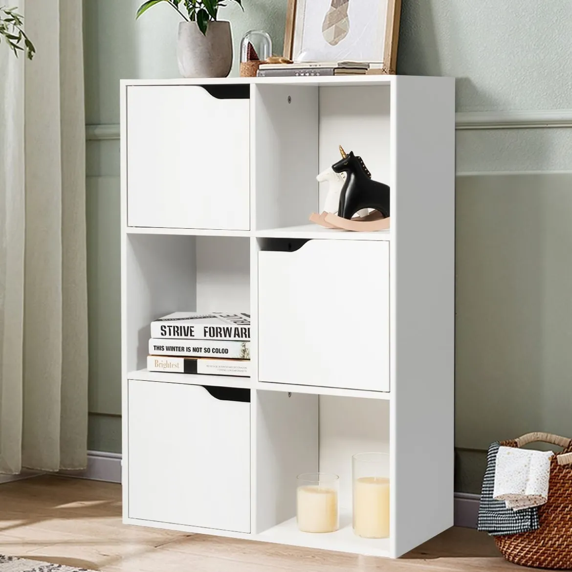 Freistehendes Regal mit Türen aus Holz Bücherregal mit 3 Offenen & 3 Geschlossenen Fächern