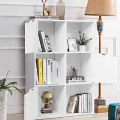 Freistehendes Regal mit Türen aus Holz Bücherregal mit 3 Offenen & 3 Geschlossenen Fächern