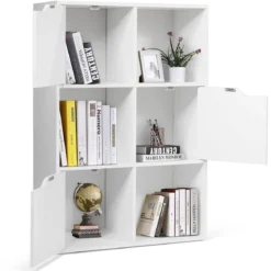 Freistehendes Regal mit Türen aus Holz Bücherregal mit 3 Offenen & 3 Geschlossenen Fächern