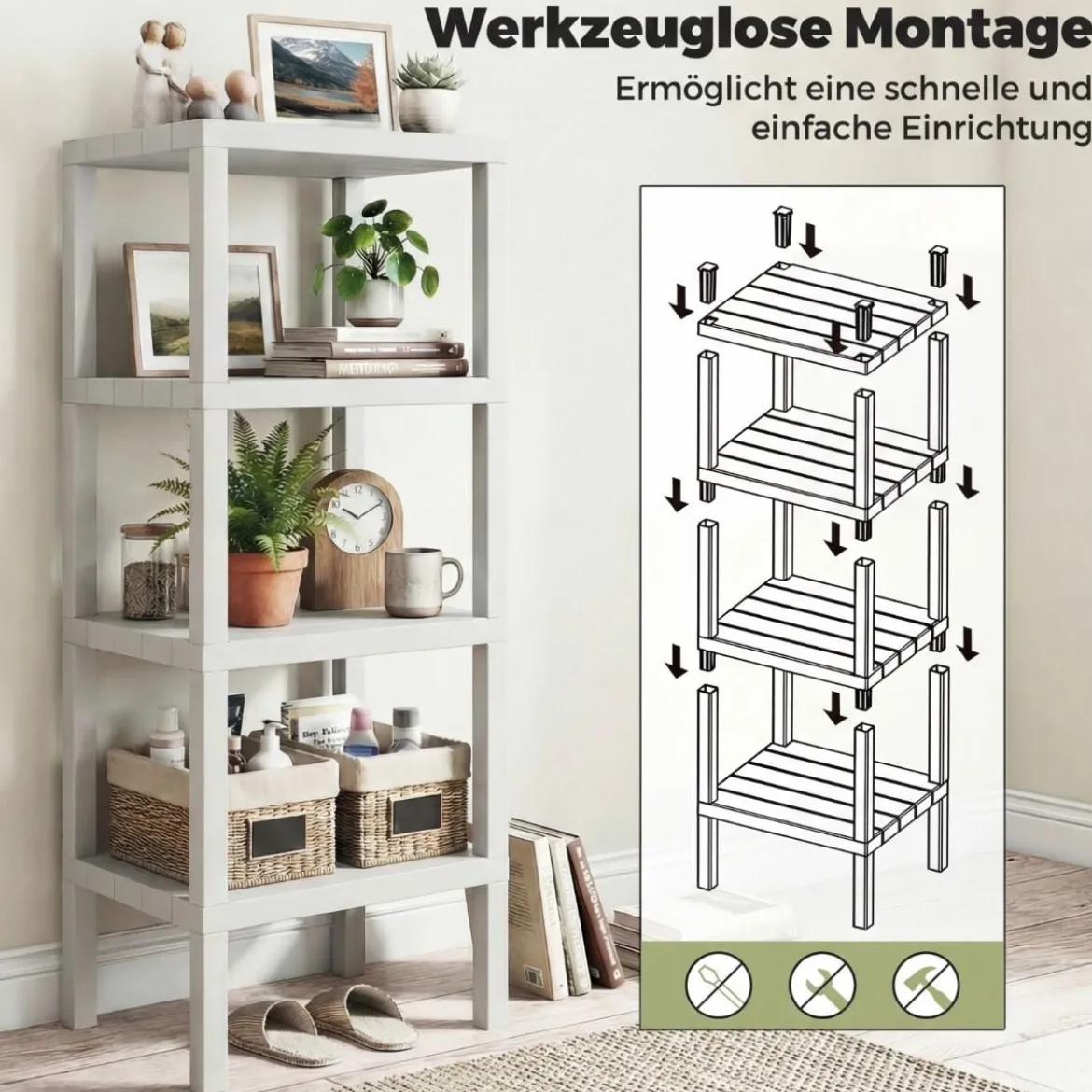 Freistehendes Standregal aus Kunststoff 4 Stufiges Badregal Schmal Küchenregal Weiß
