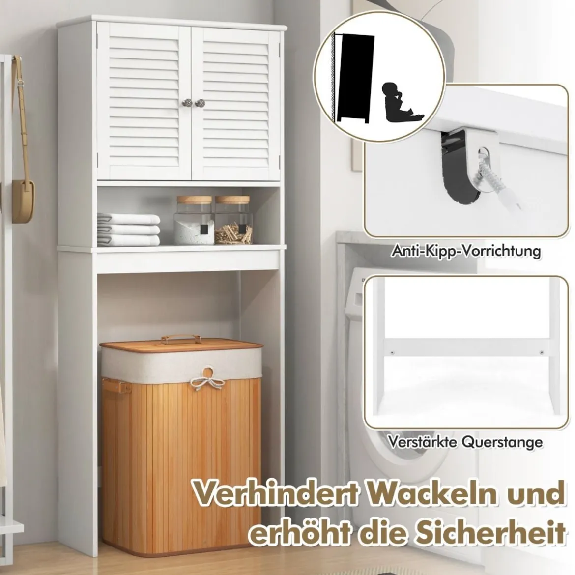 Freistehendes Toilettenregal mit Doppeltür & Verstellbarem Regalen Badezimmerregal Weiß