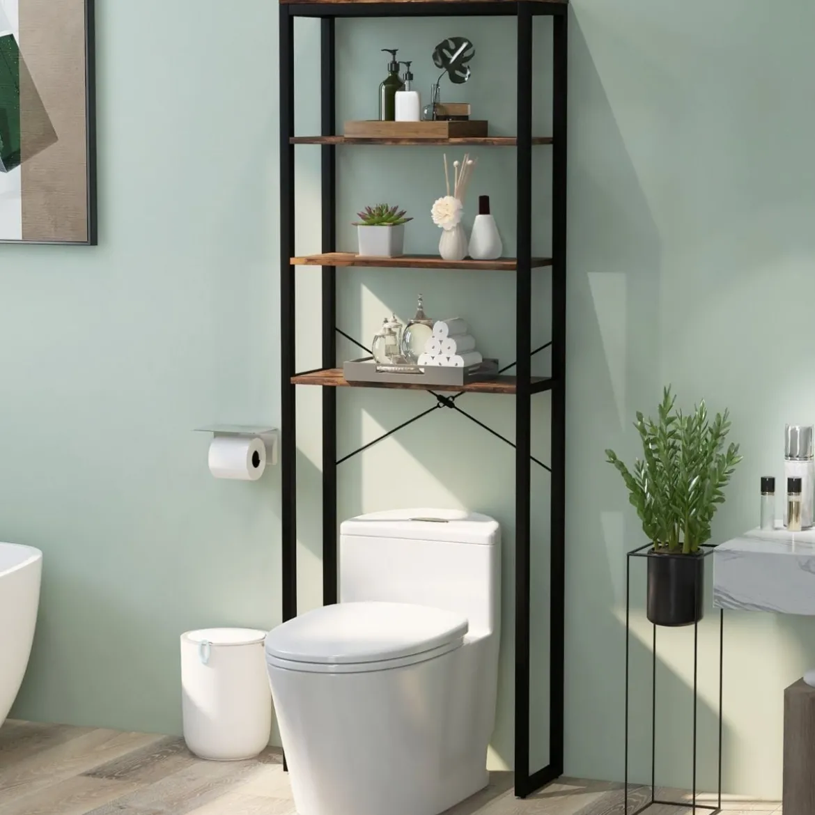 Freistehendes Toilettenregal mit Metallrahmen & Kippschutz 4-stufiges Badezimmerregal
